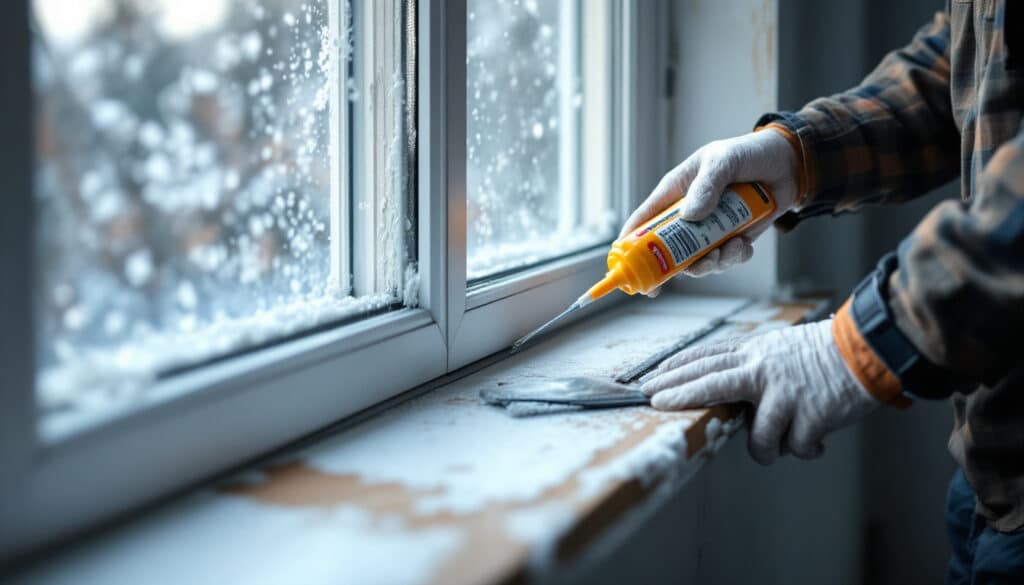 aplicacion de sellador en una ventana durante un proyecto de reparacion