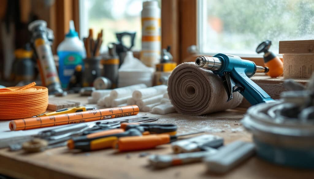 mesa de trabajo en un taller con herramientas y materiales organizados